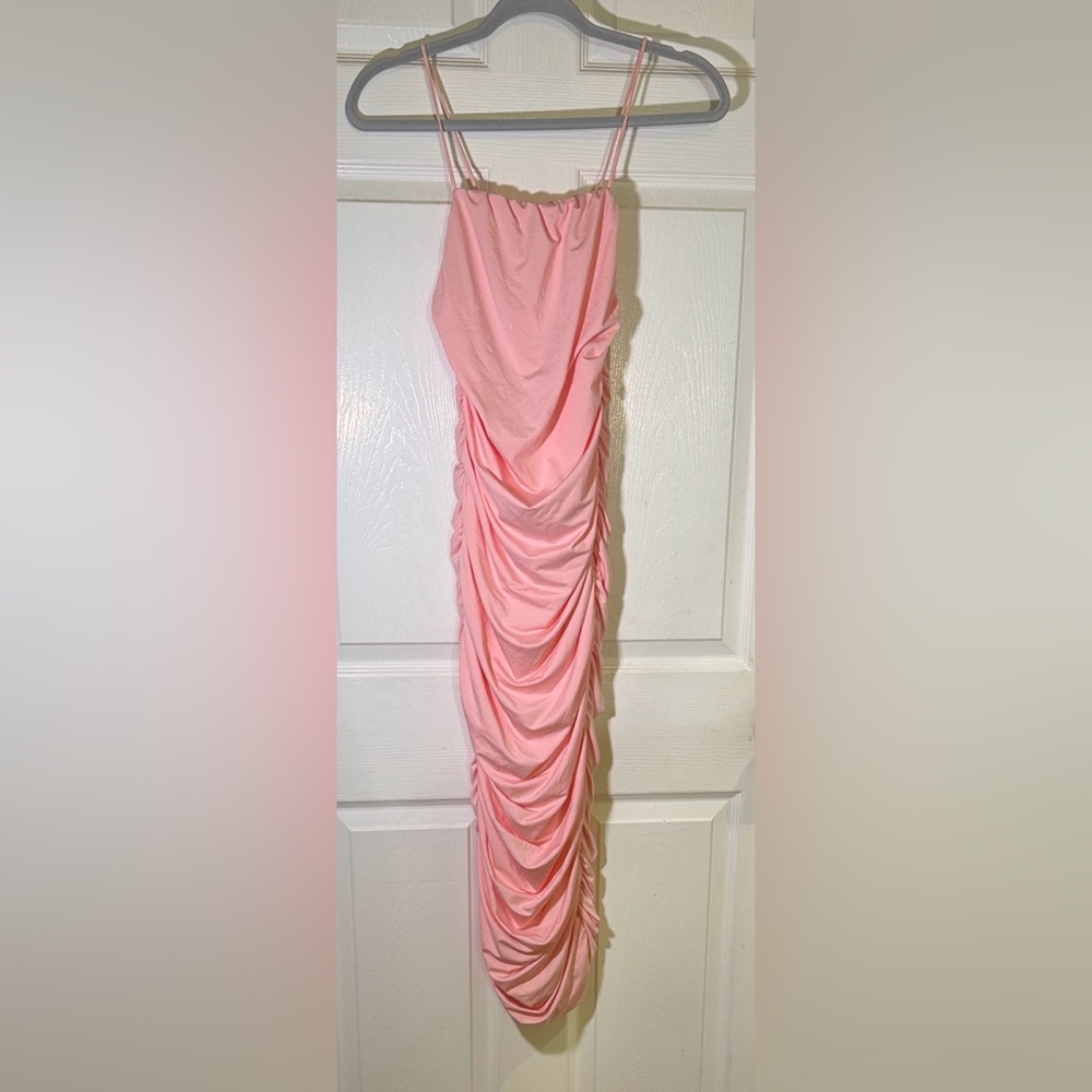 Pink/Coral Ruched Bodycon Midi Dress Spaghetti Strap Size M